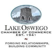The logo for the lake oswego chamber of commerce is forging relationships , building community.