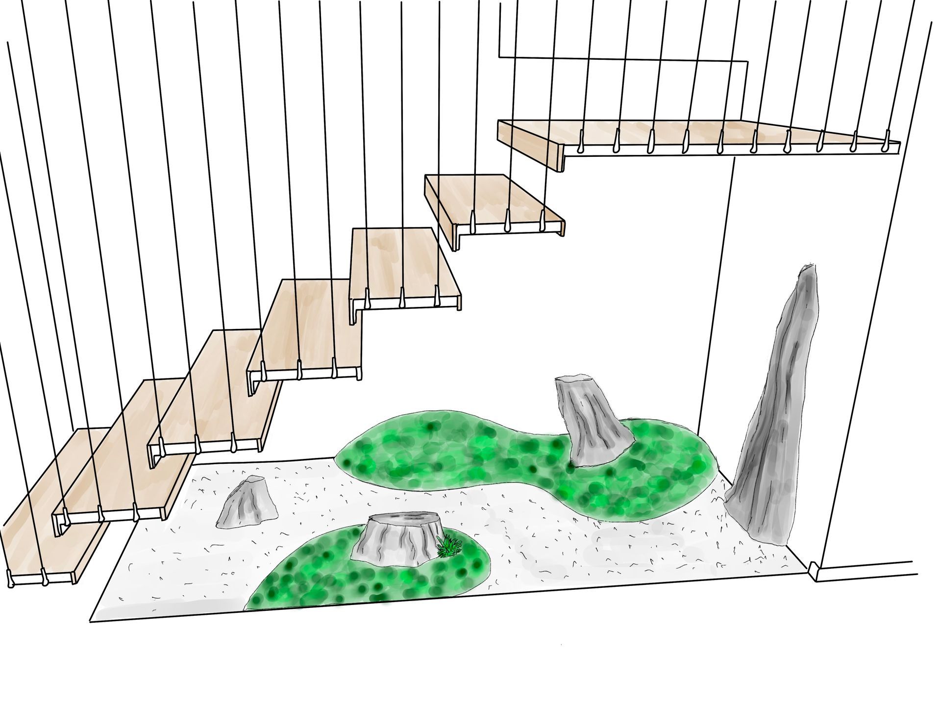 Un disegno in bianco e nero di una scala e di un giardino giapponese nel sottoscala.