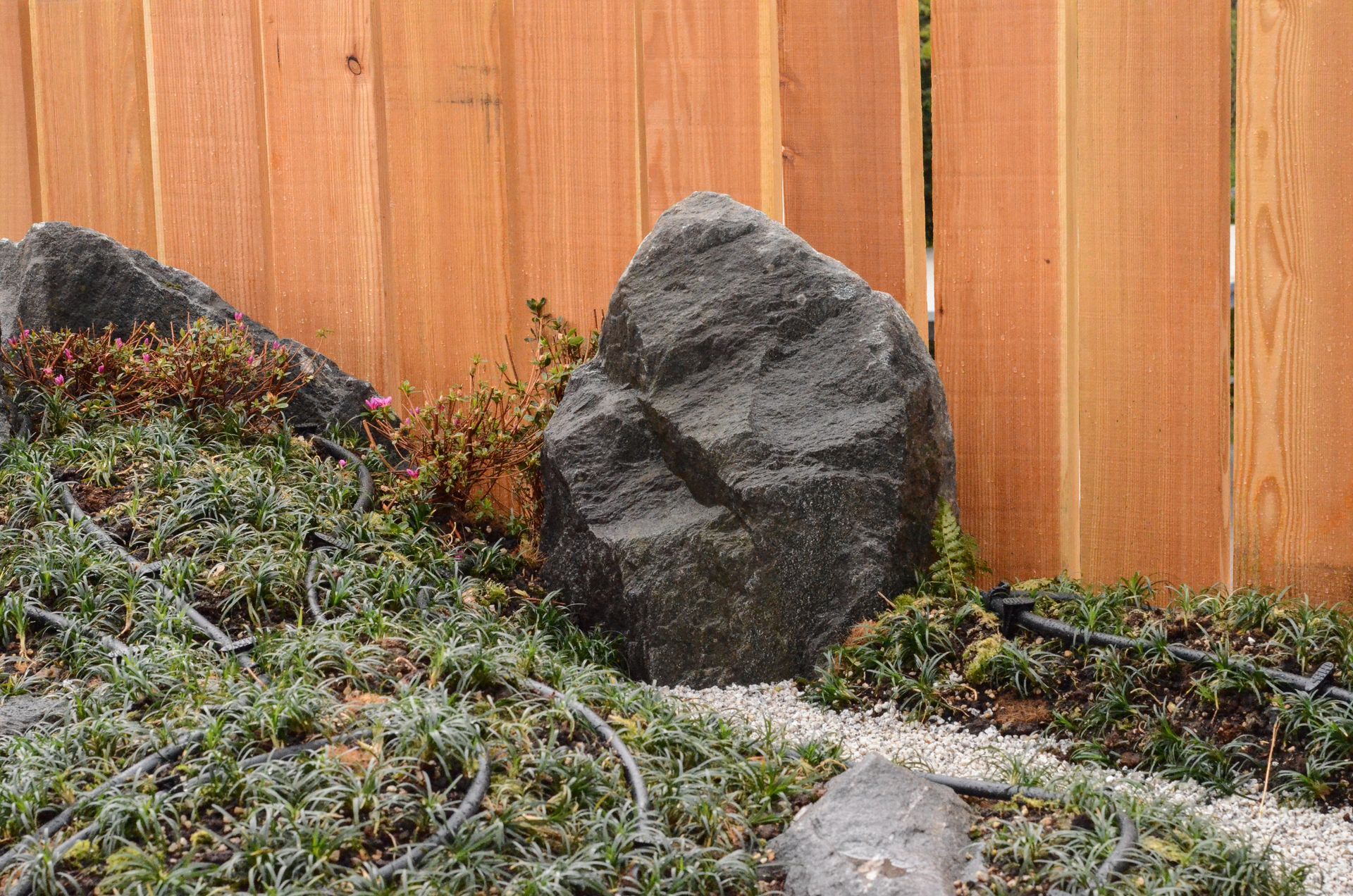 Una grande roccia si trova davanti a una staccionata di legno.