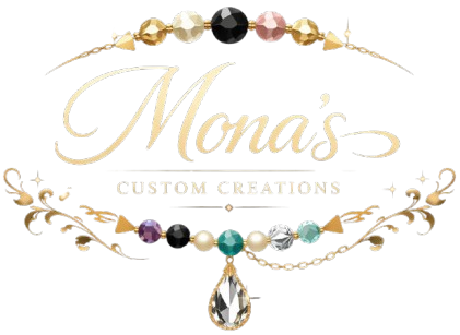Monas Custom Creations logo with gold script and jeweled necklace accents