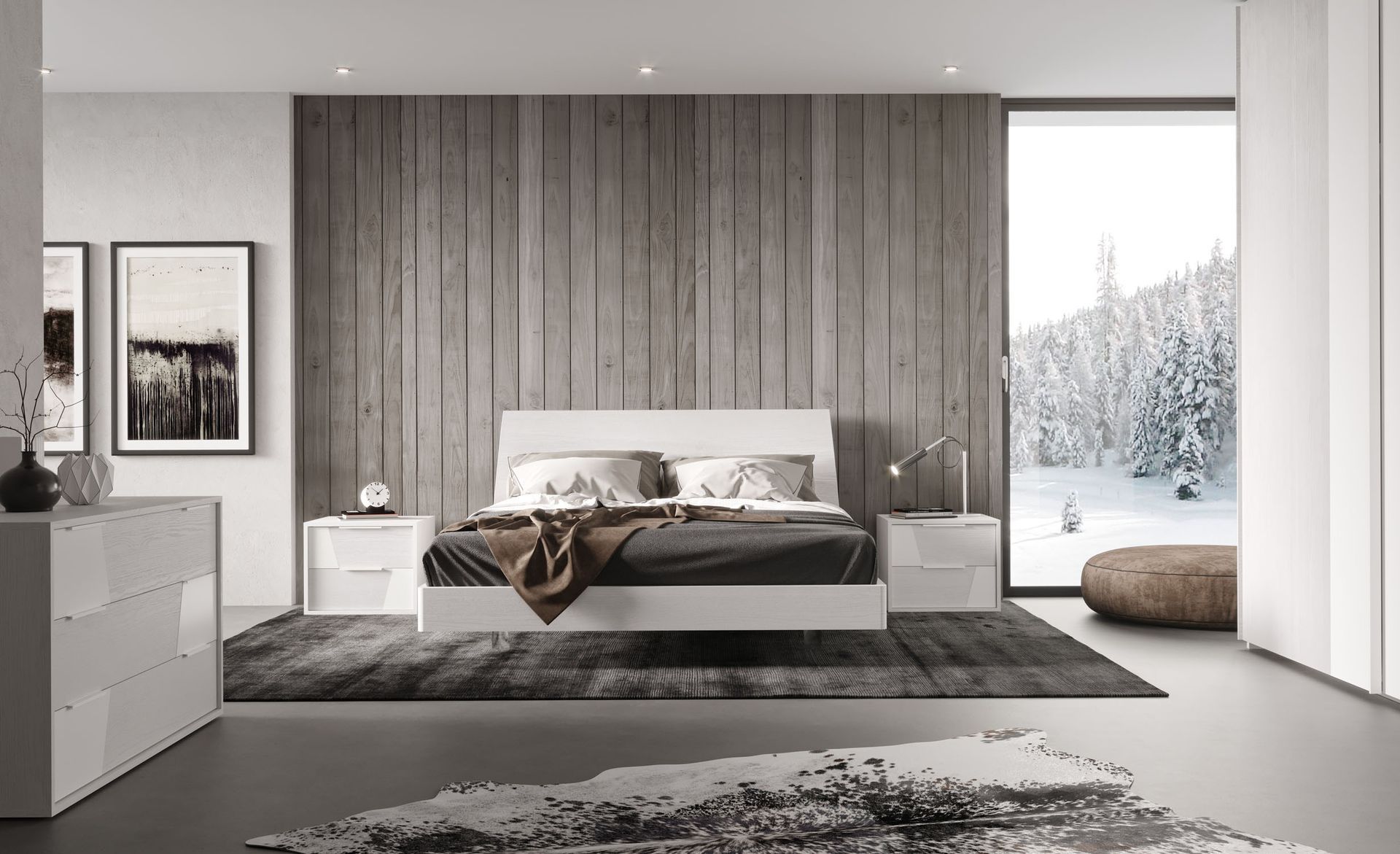 Una camera da letto con un letto, una cassettiera, un comodino e un tappeto.