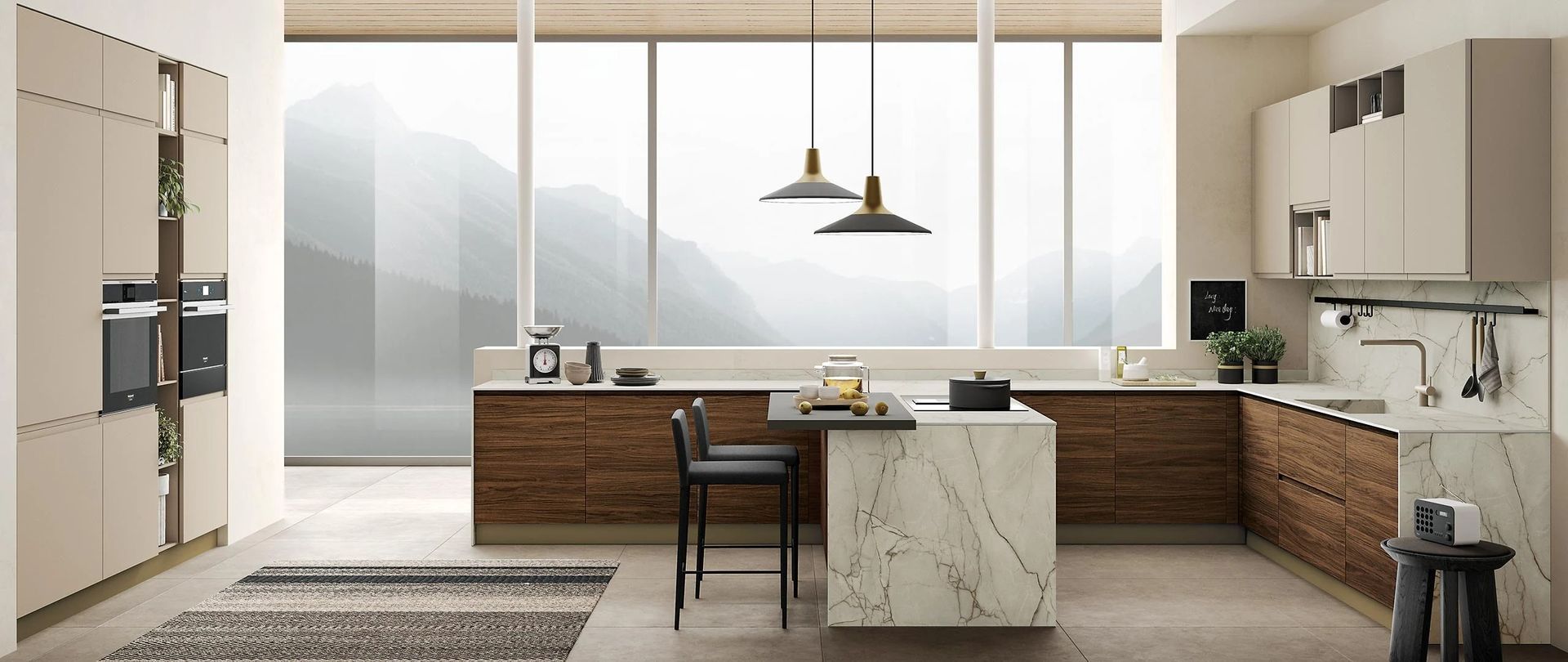 Una cucina con una grande isola al centro e una grande finestra.