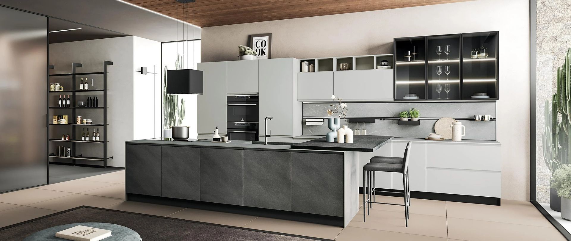 Una cucina con una grande isola al centro