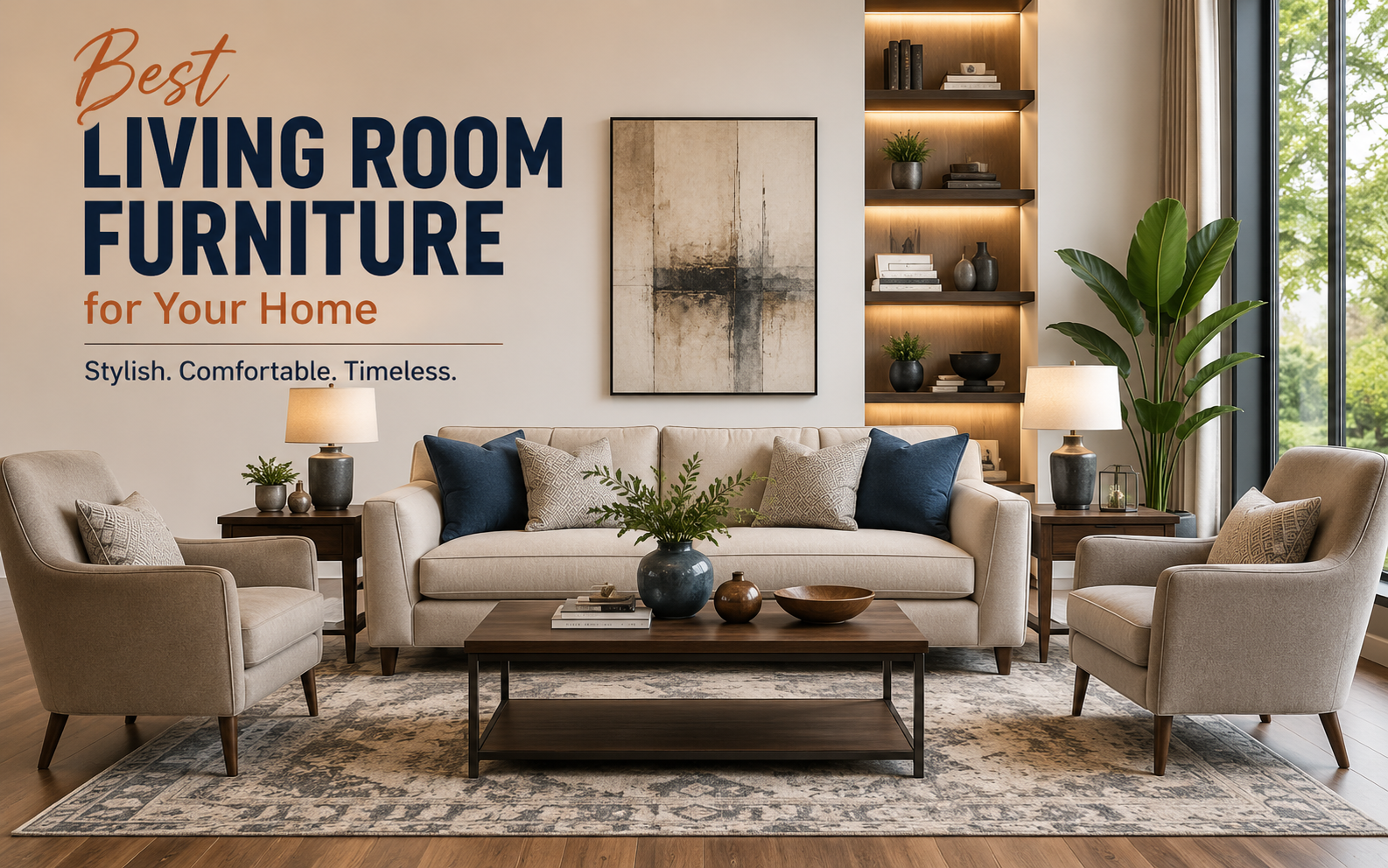 Stylish living room furniture set with beige sofas, armchairs, coffee table, shelves, and greenery for home decor advertisement