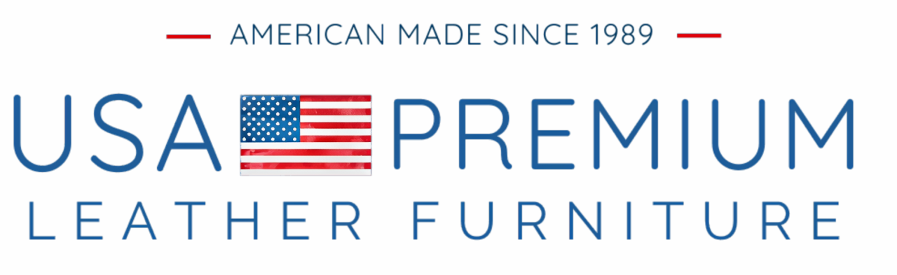 Logo for USA Premium Leather Furniture; features American flag and text 