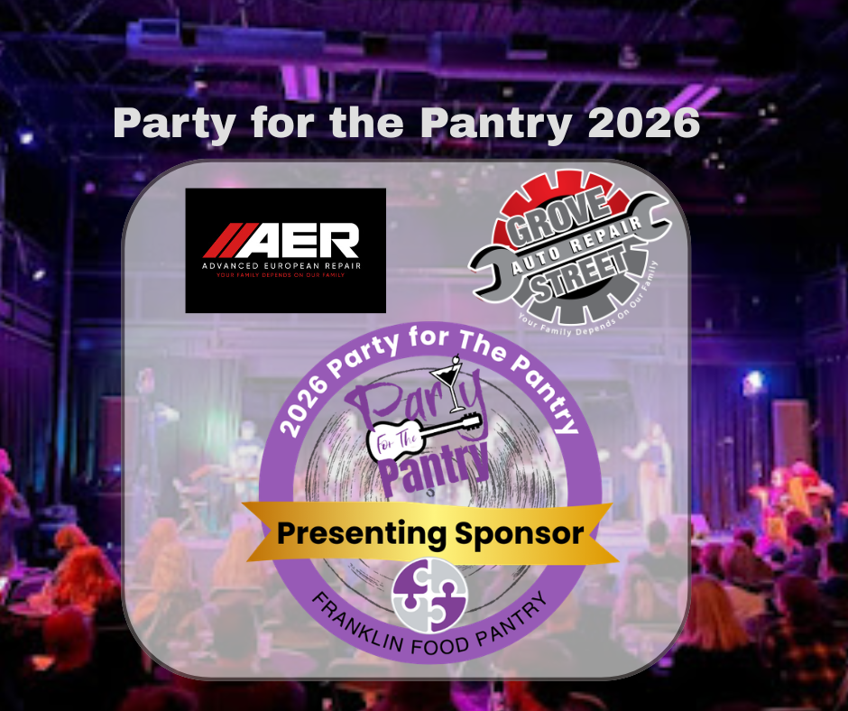 A promotional banner for the 2026 Party for the Pantry featuring sponsor logos from AER and Grove Auto Repair.