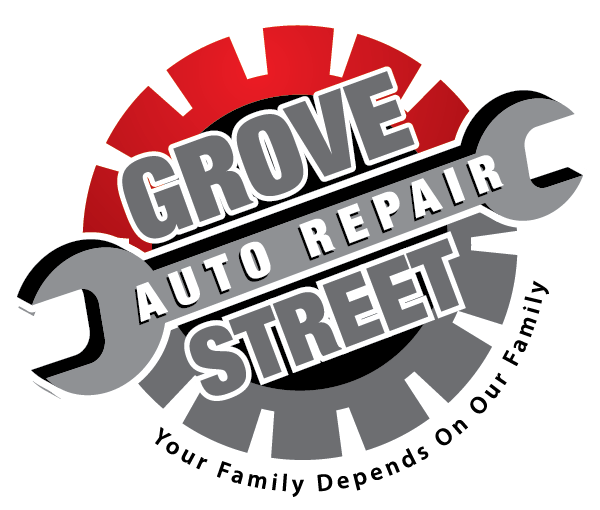 Logo for Grove Street Auto Repair featuring a red and grey gear, a wrench icon, and the tagline "Your Family Depends On Our Family."