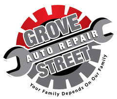 Logo for Grove Street Auto Repair featuring a red and grey gear, a wrench icon, and the tagline "Your Family Depends On Our Family."