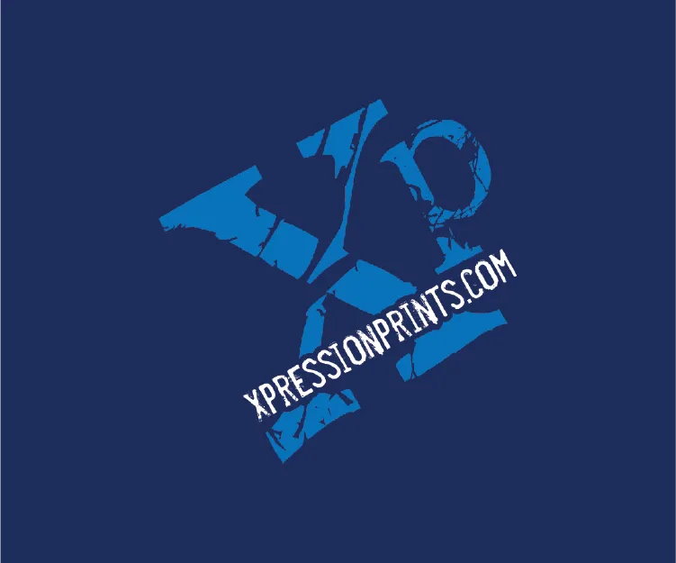 Blue abstract logo with diagonal “XPRESSIONPRINTS.COM” text on a dark navy background