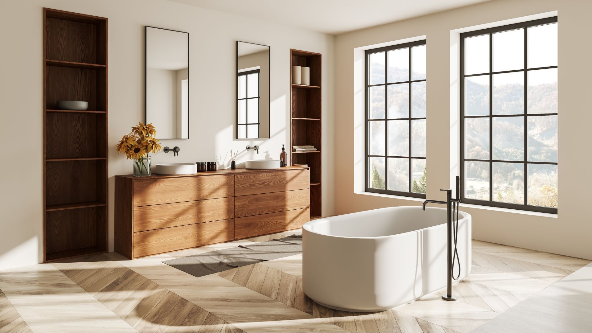 A bathroom with a bathtub , sinks , mirrors and windows.