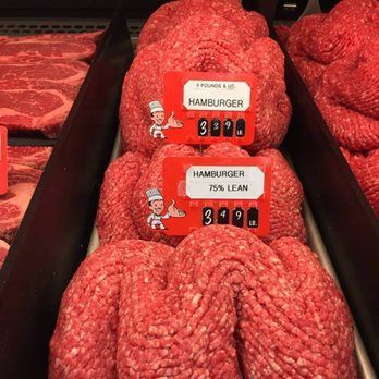 A display of hamburger meat in a butcher shop.