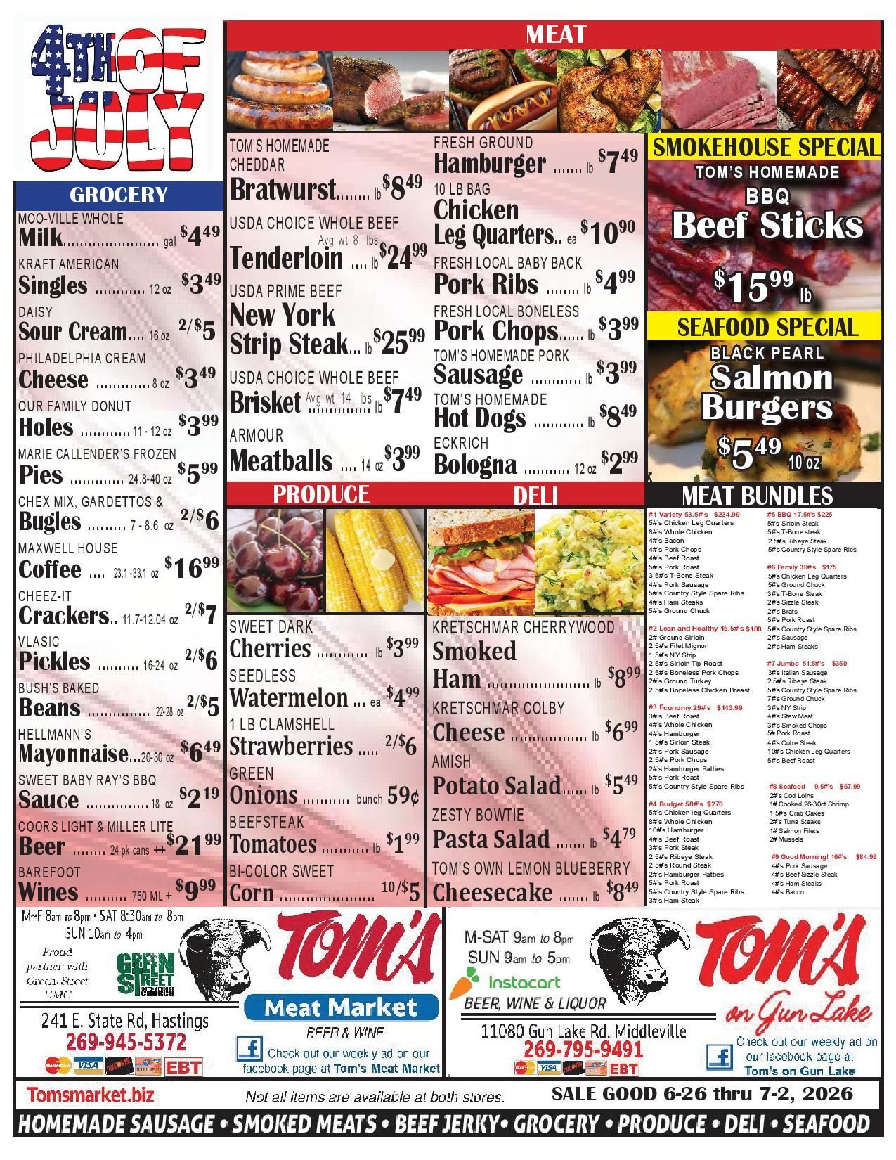 A menu for tom 's meat market for july 4th