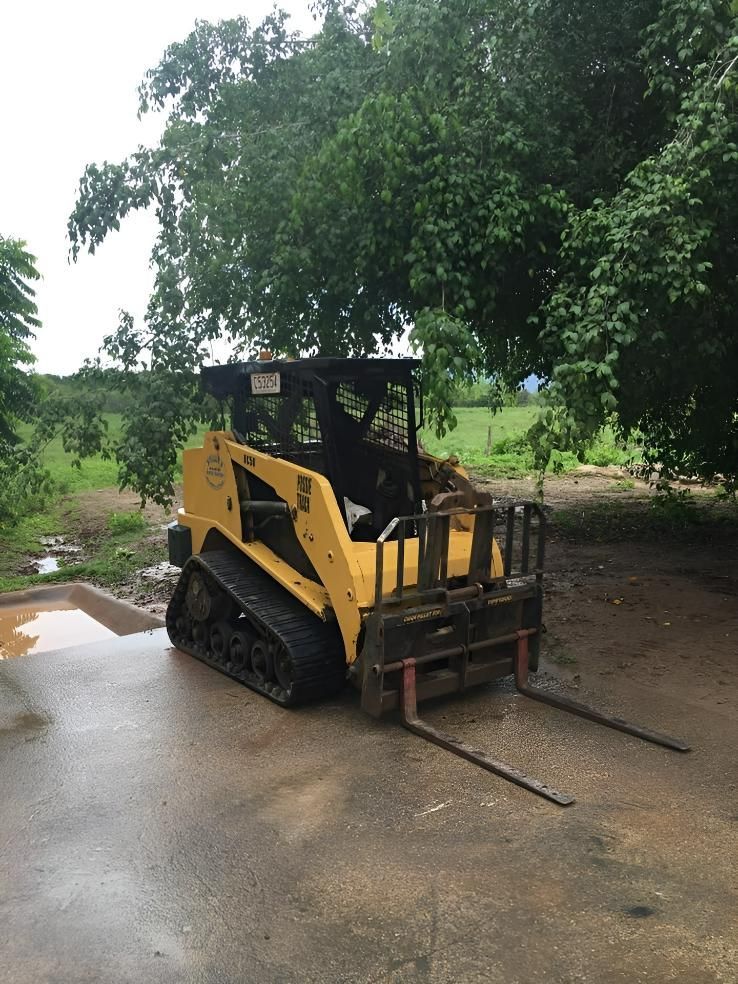 A Yellow Forklift Is Parked in A Parking Lot Next to A Tree — J Newton Excavations in Bentley Park, QLD