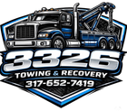Logo for 3326 Towing & Recovery featuring a blue tow truck illustration, company name, and phone number 317-652-7419.
