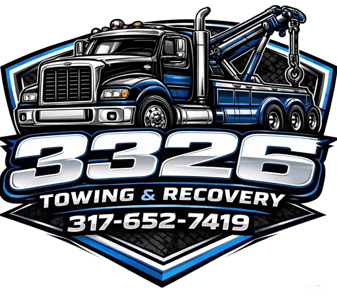 Logo for 3326 Towing & Recovery featuring a blue tow truck illustration, company name, and phone number 317-652-7419.