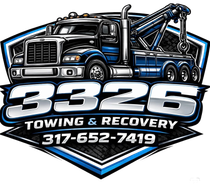 Logo for 3326 Towing & Recovery featuring a blue tow truck illustration, company name, and phone number 317-652-7419.