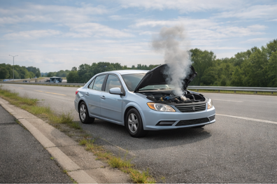 Roadside technician changing a flat tire for a stranded driver.