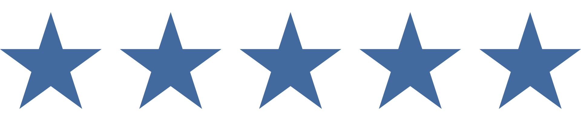 Five blue stars are lined up in a row on a white background.