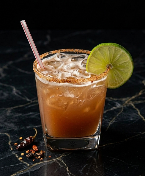 A spicy cocktail with a chili-rimmed glass, lime garnish, and a straw, set against a dark marble surface with chili flakes.