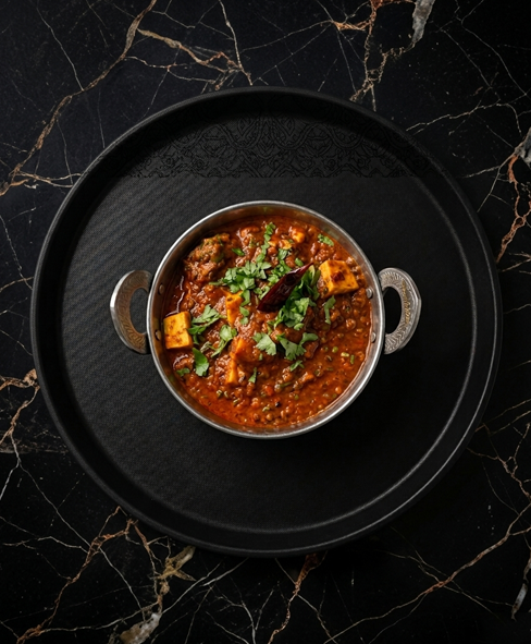 A bowl of paneer curry garnished with cilantro, centered on a black circular tray against a black marble background.