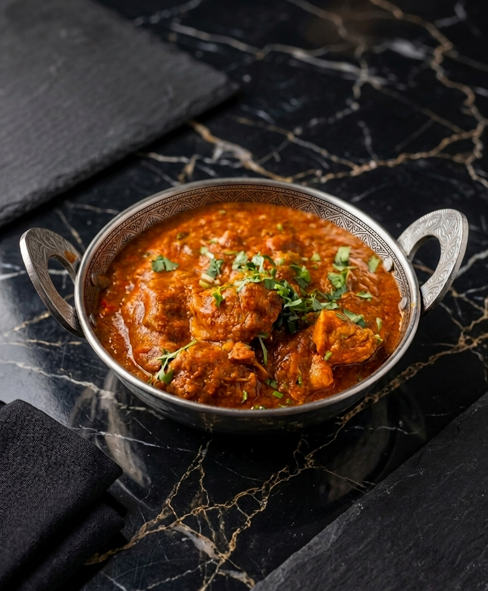 A bowl of rich orange-red Indian curry garnished with fresh cilantro, served on a black marble table.