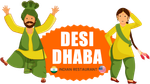 A logo for "Desi Dhaba Indian Restaurant" featuring a dancing couple in traditional attire flanking the text.
