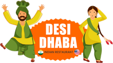 Logo for Desi Dhaba Indian restaurant featuring a festive man and woman in traditional attire, with Indian and US flags.