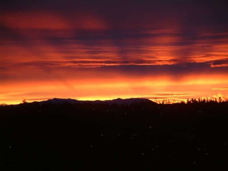 A sunset over a mountain range with trees in the foreground