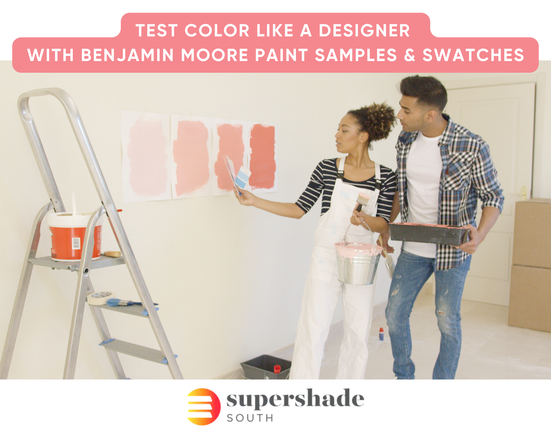 A couple testing different Benjamin Moore paint swatches on a wall during a painting project near Fo