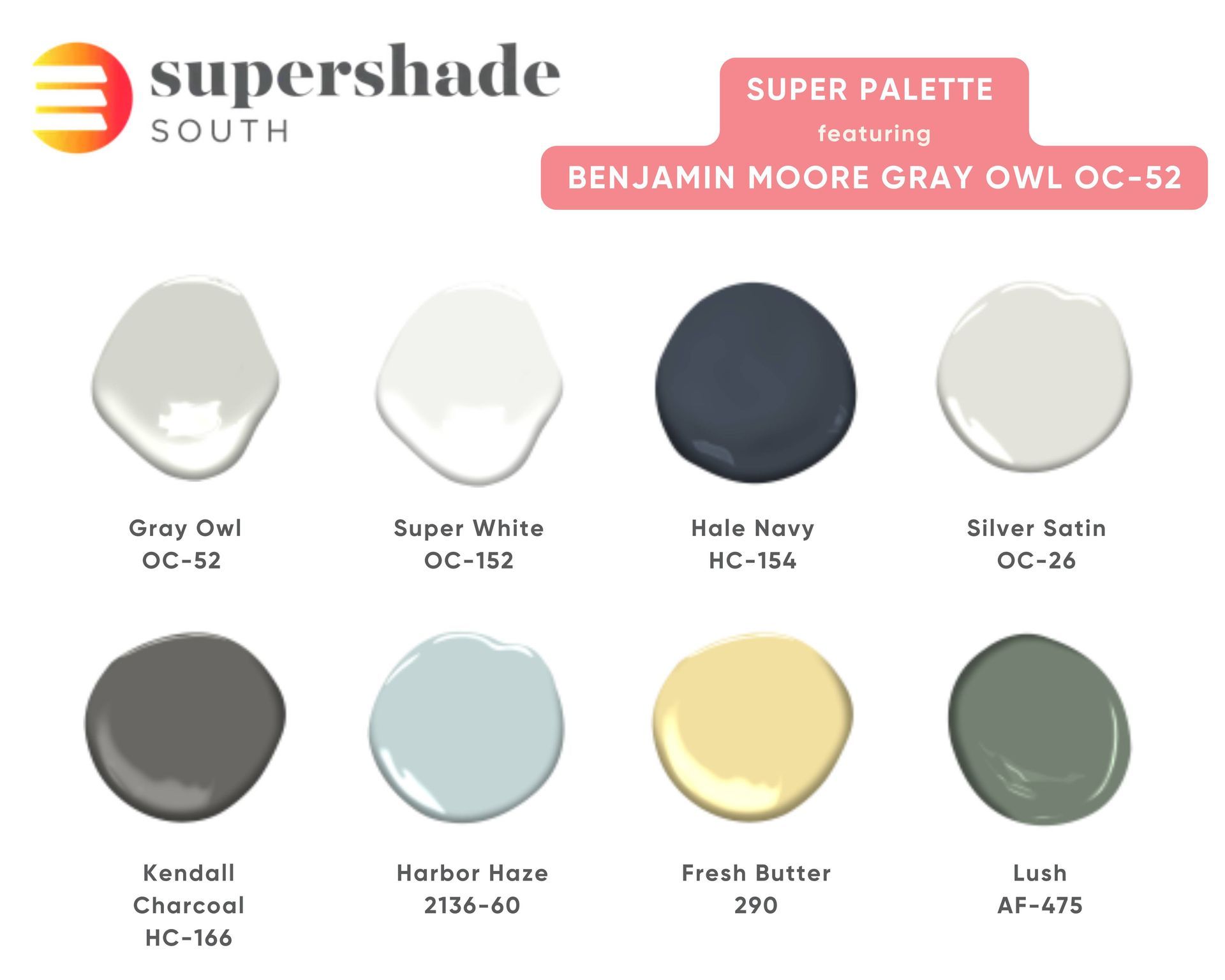A palette featuring Benjamin Moore Gray Owl OC-52 and shades of blue, gray, yellow and green at Supe