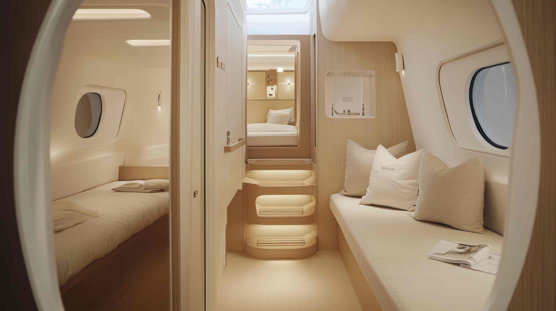 Modern interior design of a luxury yacht cabin with a bed and sofa near Fort Lauderdale, Florida (FL