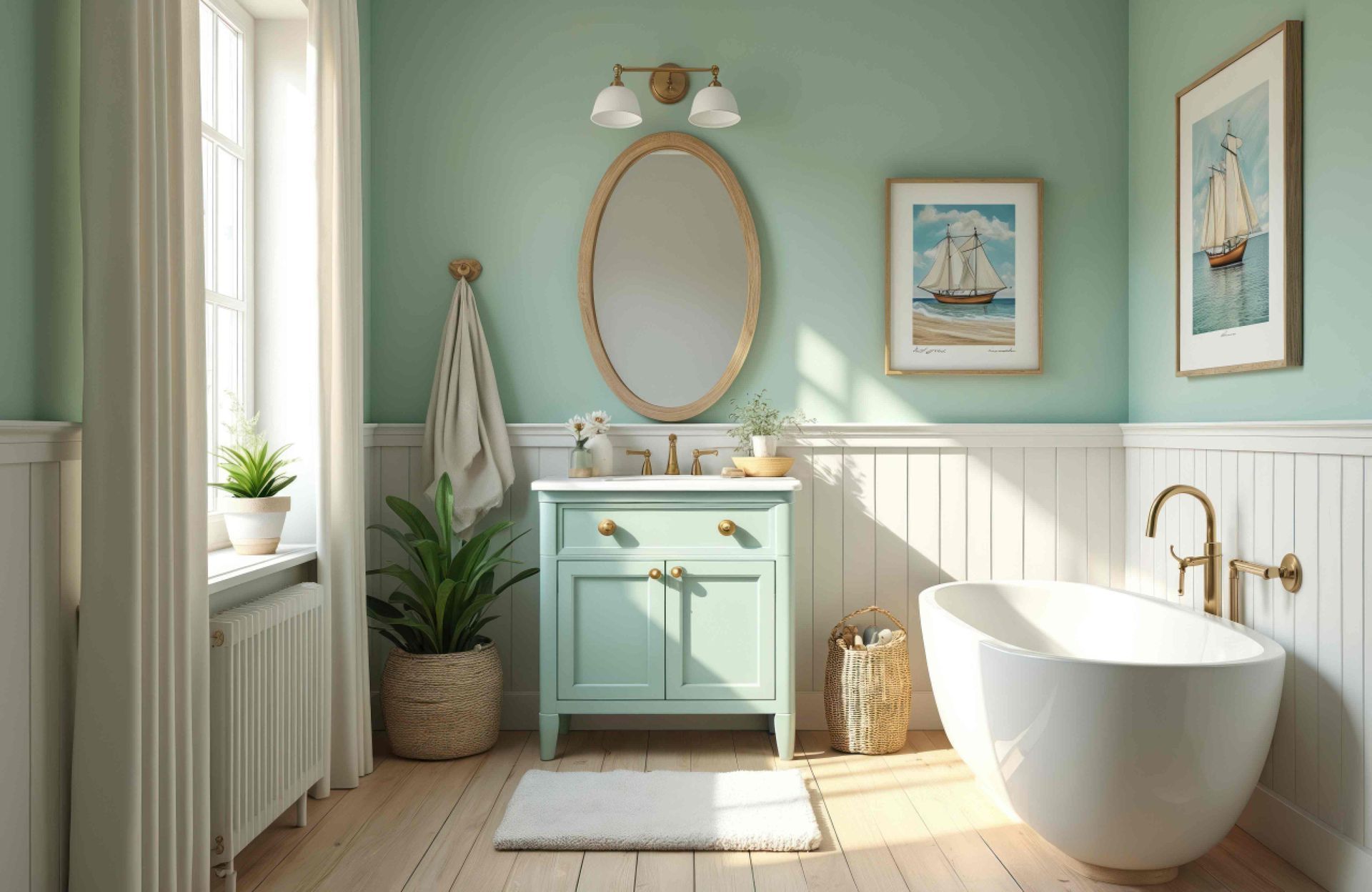 Coastal themed bathroom interior design featuring nautical color palette, beach inspired decor near 