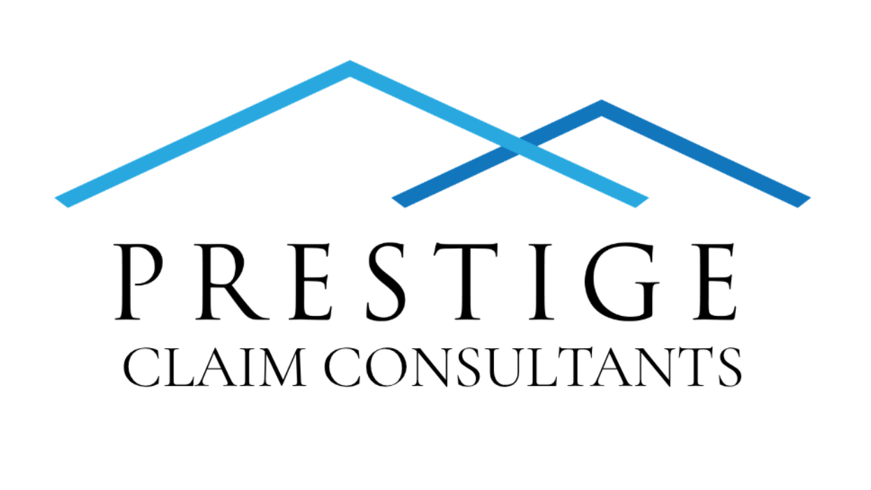Prestige Claim Consultants logo with blue roof lines above black text on white background