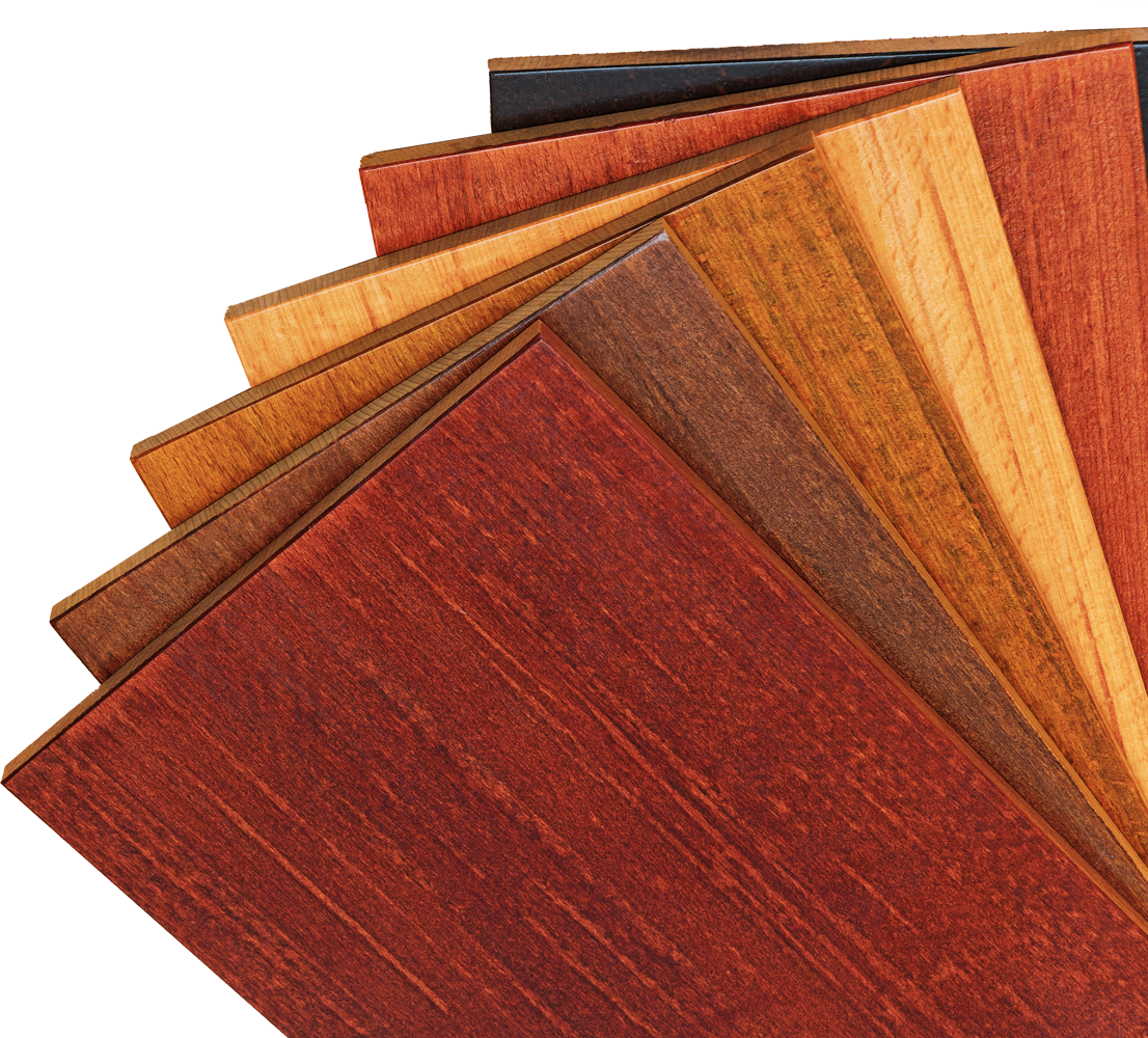 Wooden planks in various shades of brown and red, fanned out against a white background.