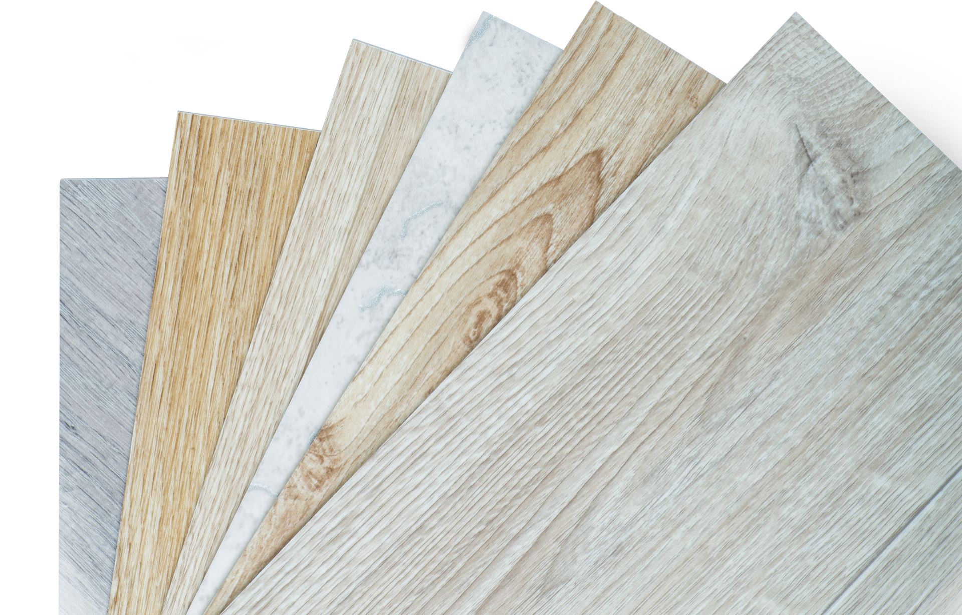 Samples of different wood-look flooring, fanned out, showcasing various light wood grain patterns and colors.