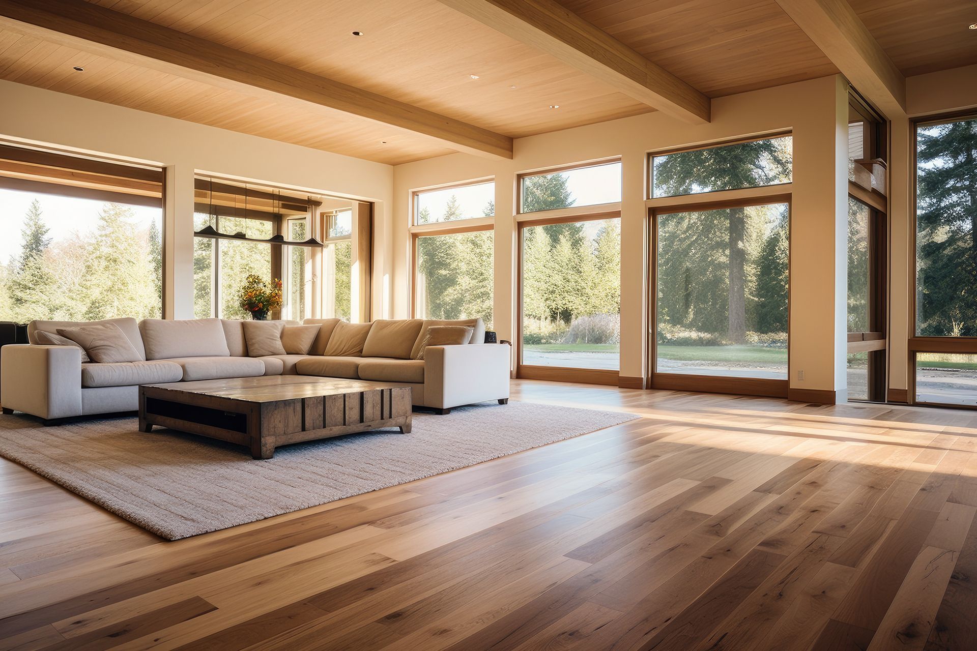 Living room with hardwood floors, large windows overlooking a forest, beige sectional sofa, and a wooden coffee table.