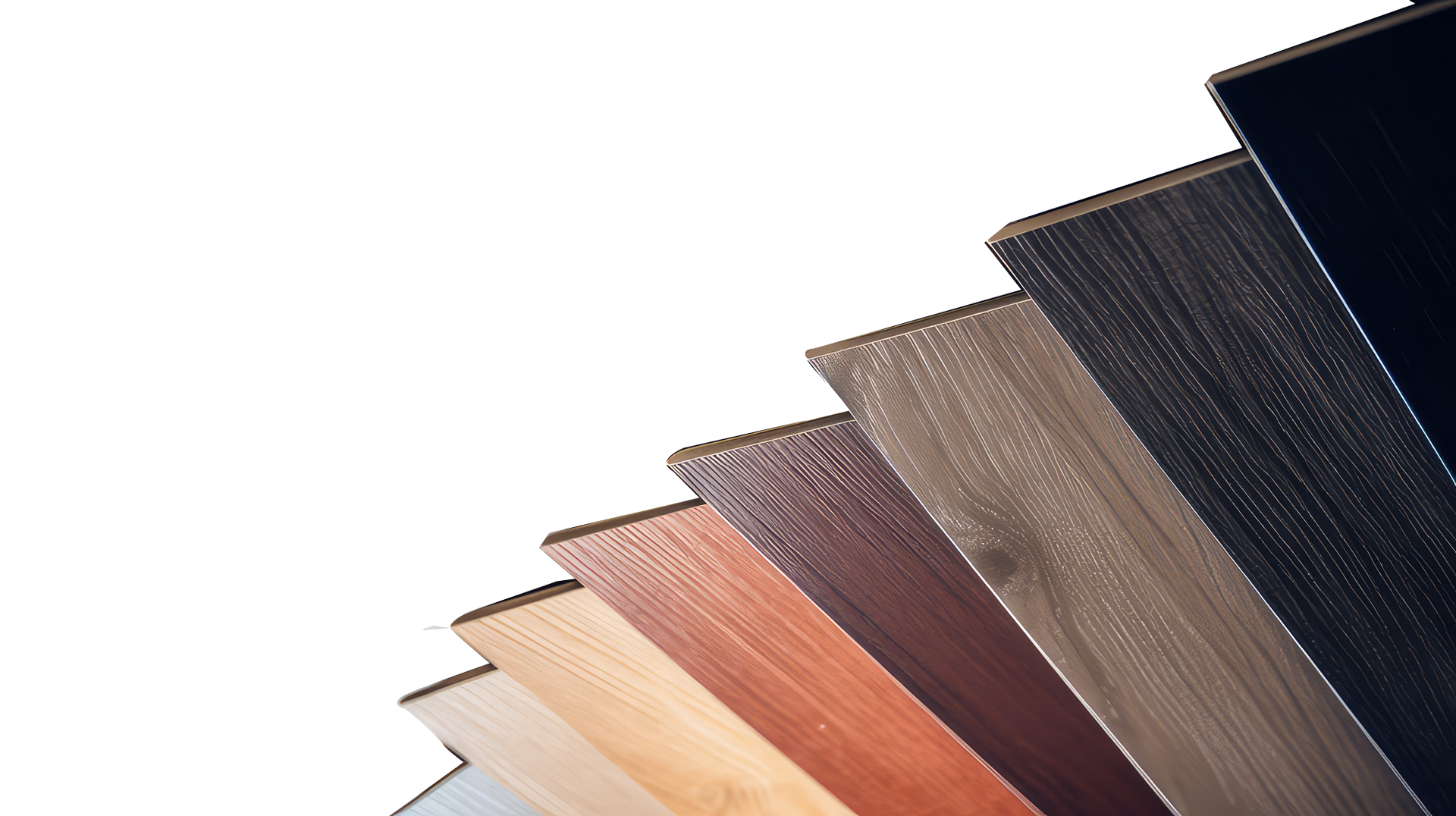 Array of wood flooring samples in various colors, from light to dark.