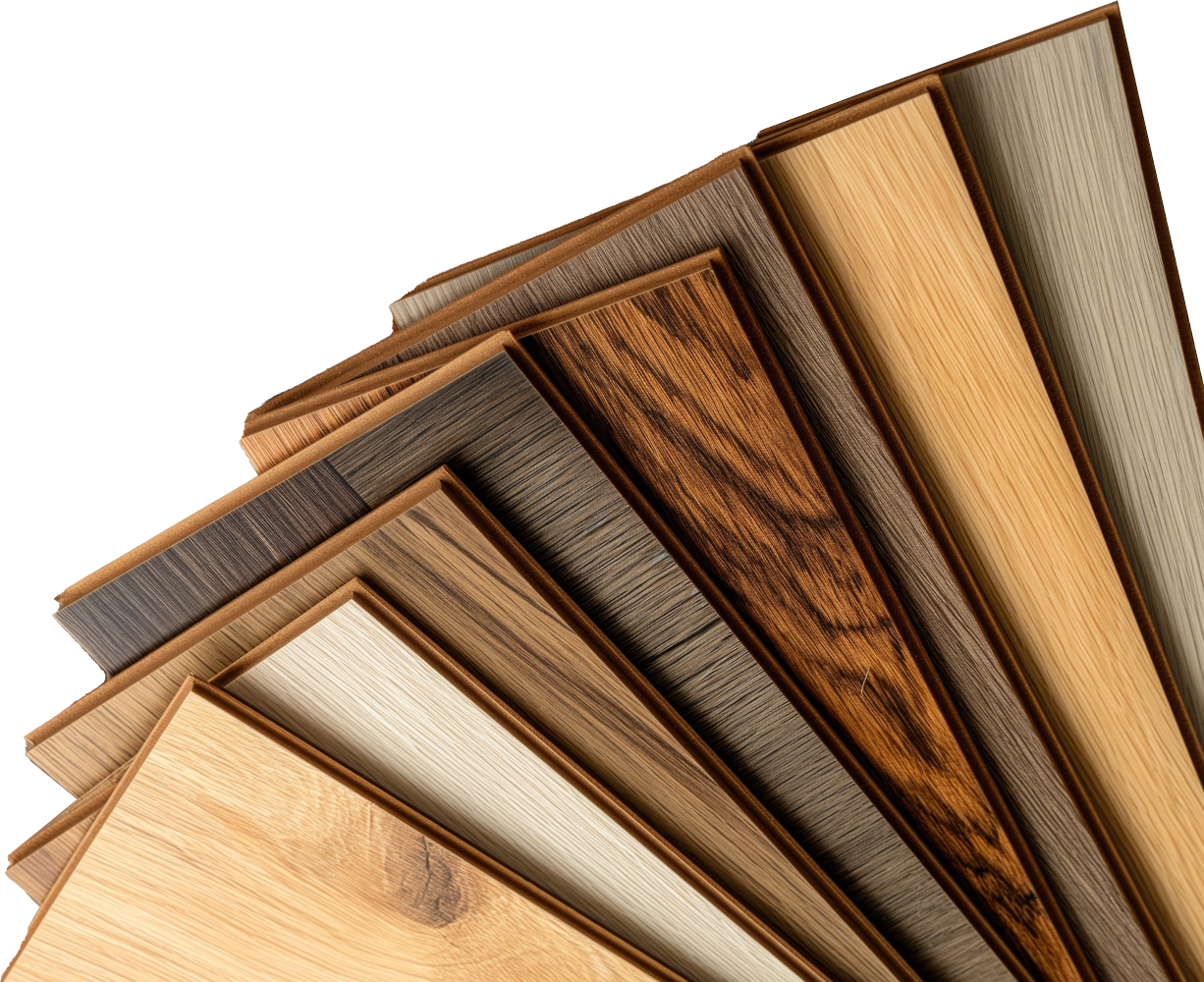 Assorted wood-look flooring samples in various colors and grain patterns.