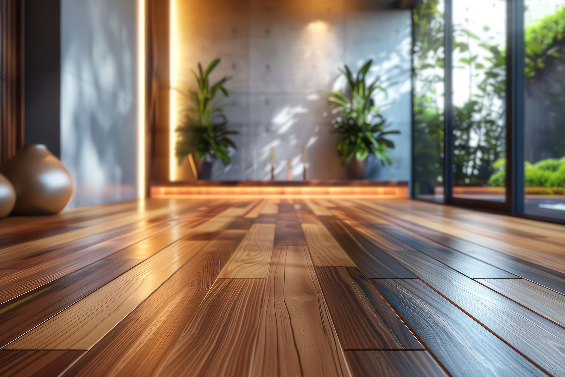 Wooden floor in a modern room with plants, natural light, and a view of greenery through large windows.