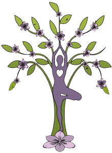 A tree with purple flowers and a silhouette of a person in a yoga pose.