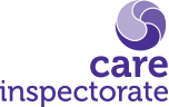 the logo for care inspectorate is purple and white with a purple swirl .