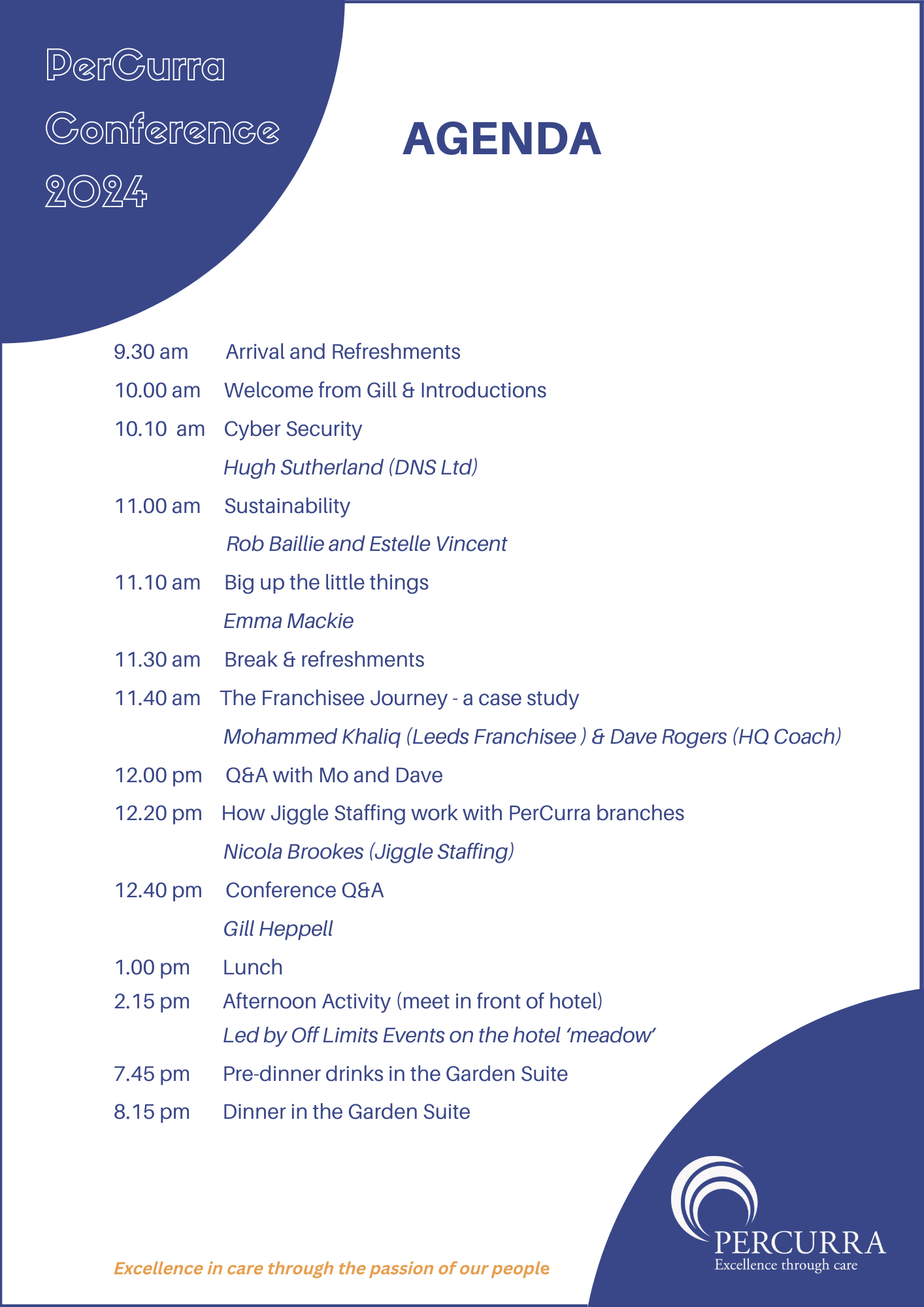 A blue and white agenda for a conference.