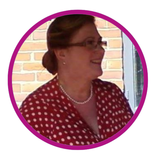 a woman wearing glasses and a polka dot shirt is smiling in a purple circle