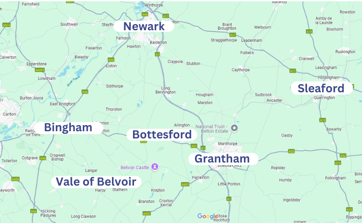 A map showing the location of bingham , bottesford , grantham , and vale of belvoir.