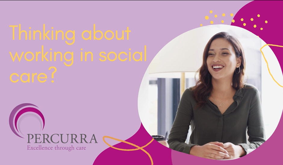 a woman is smiling in a purple circle with the words thinking about working in social care .