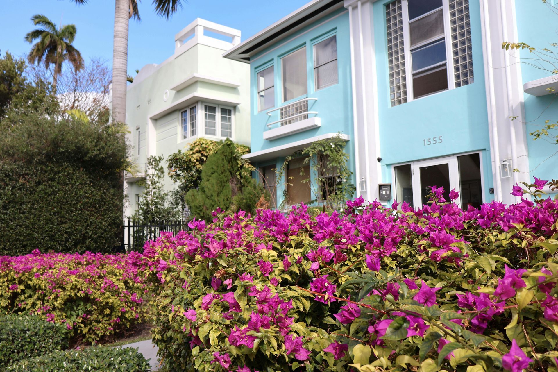 A blue and white building with purple flowers in front of it