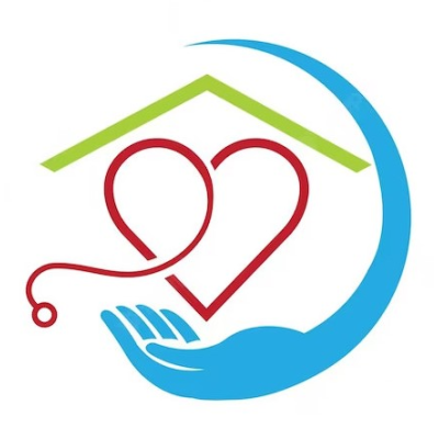 Cuore con stetoscopio, tetto di casa e mano a forma di mezzaluna blu, per l'assistenza sanitaria.