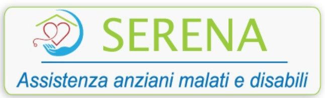 Logo di SERENA, assistenza per anziani, malati e disabili. Testo verde e icona a forma di cuore.
