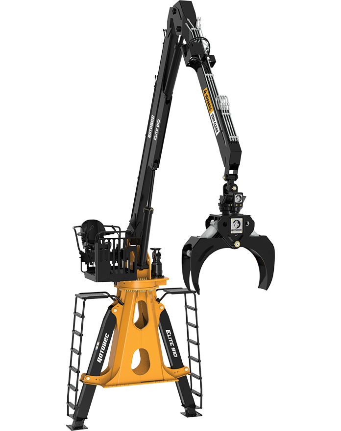 A crane with a claw attached to it on a white background.