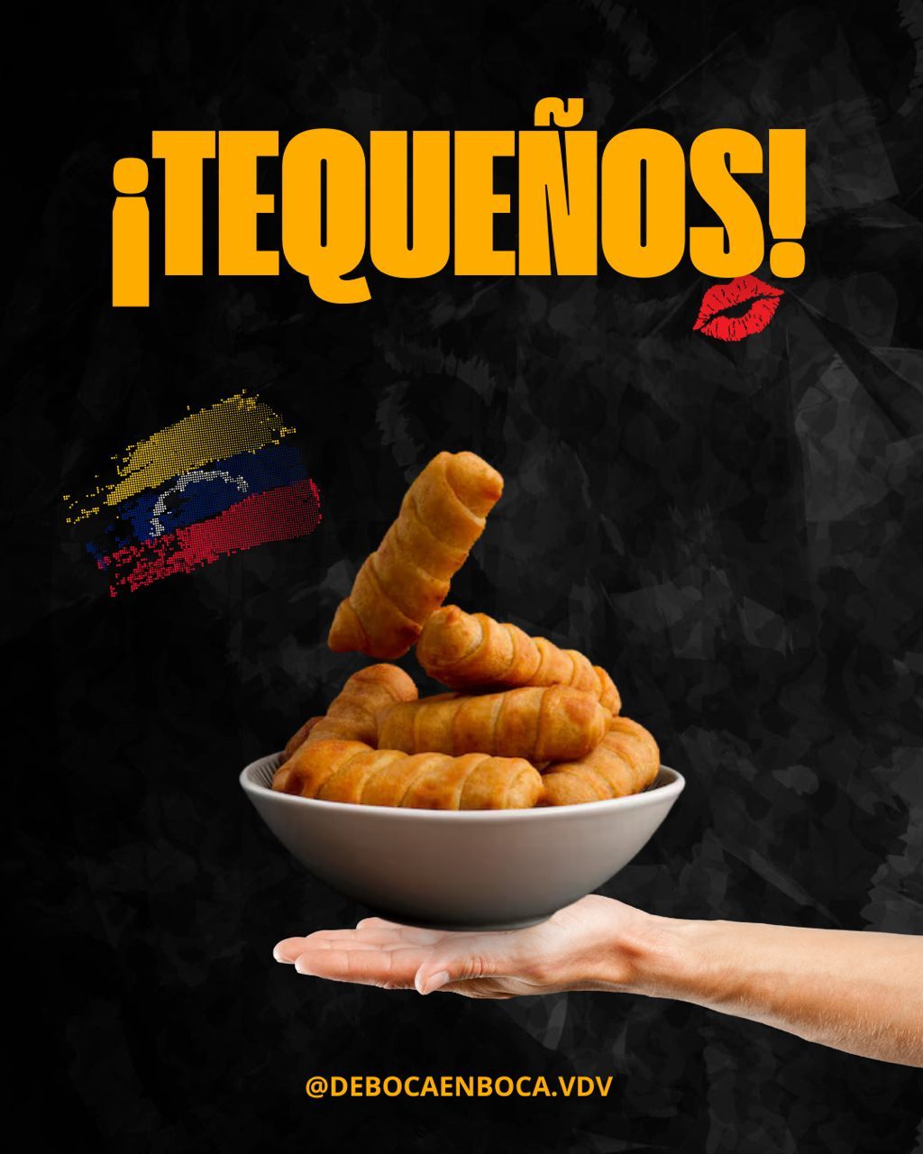 Una mano sosteniendo un tazón de tequeños. Texto naranja en negrita que dice